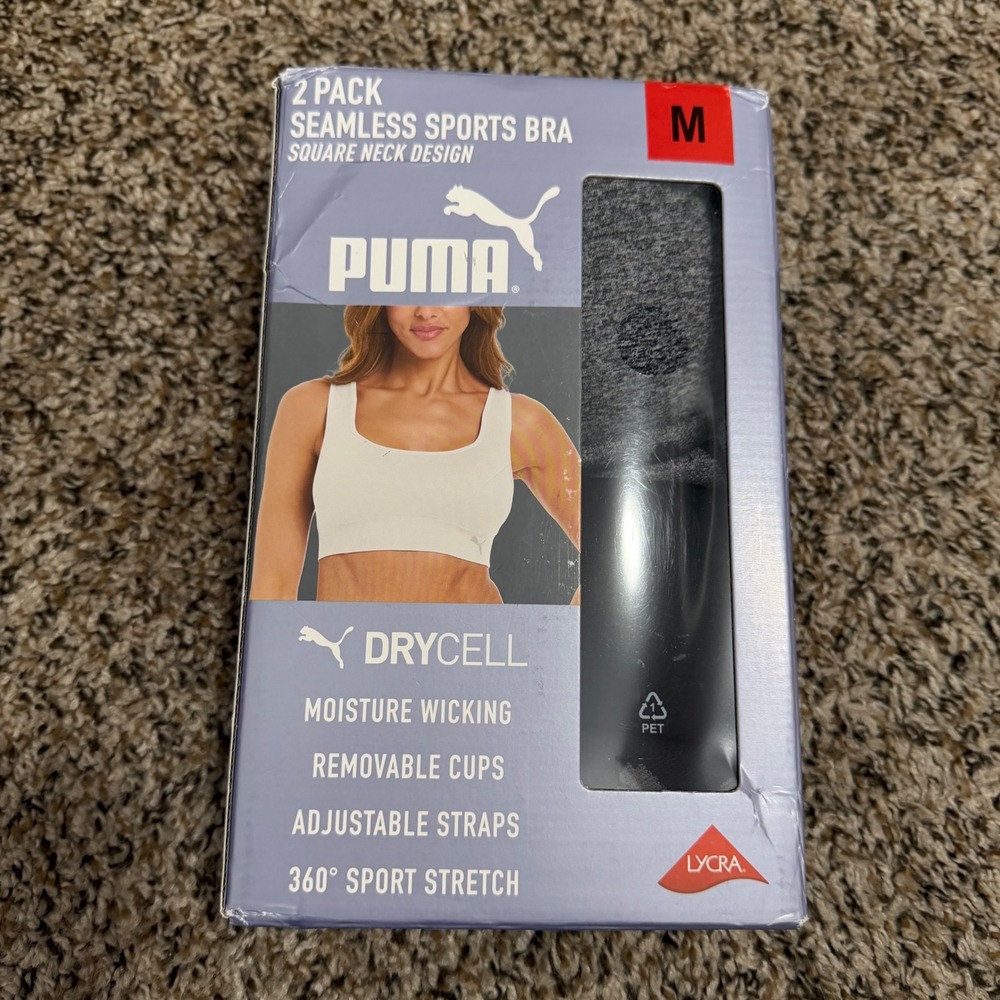 Puma 2 Pack Seamless Sports Bra Square Neck Convertible Back Gray Black Size M